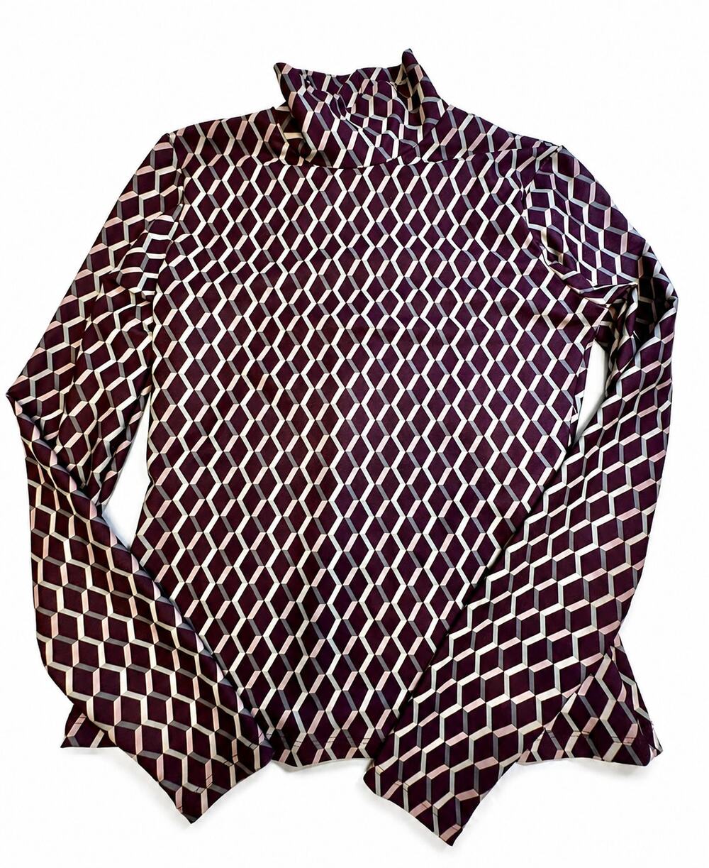 OYSHO Geometric Print High Neck Top Size M Burgundy Long Sleeve Mod Retro